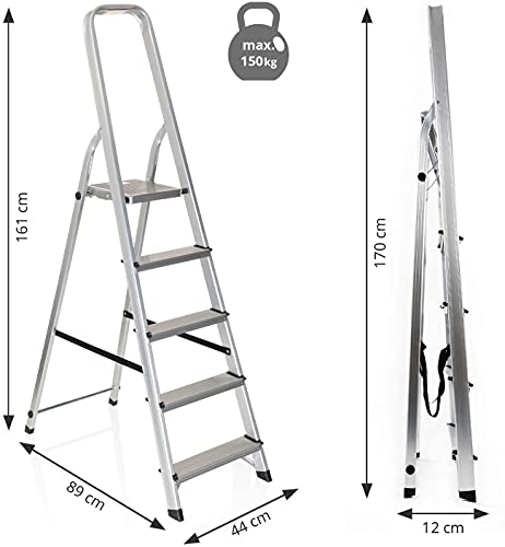 Escalera de Aluminio Plegable multifunción Antideslizante, Ligera y Resistente (5 Peldaños)