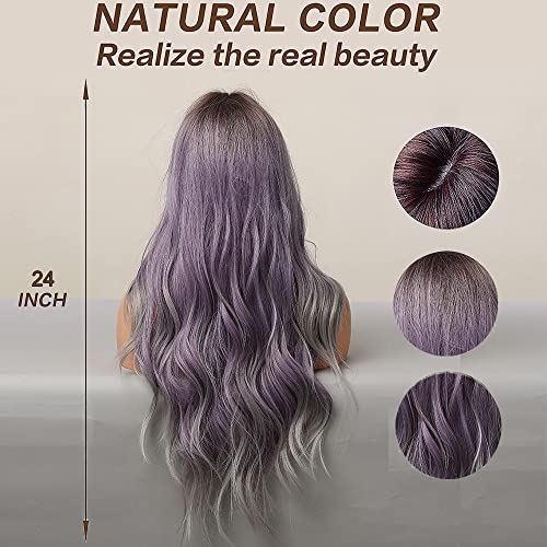 Esmee 24 pulgadas Ombre púrpura a gris pelucas para las mujeres de fibra sintética resistente al calor natural de onda larga pelucas para el uso diario de fiesta Cosplay