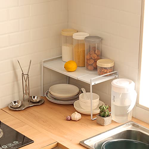 Estante de Cocina Extensible, Organizador de Armarios de Cocina, Estante de Almacenamiento de Metal para Platos, Armario y Encimera de Cocina, Blanco (60 x 21 x 22cm）