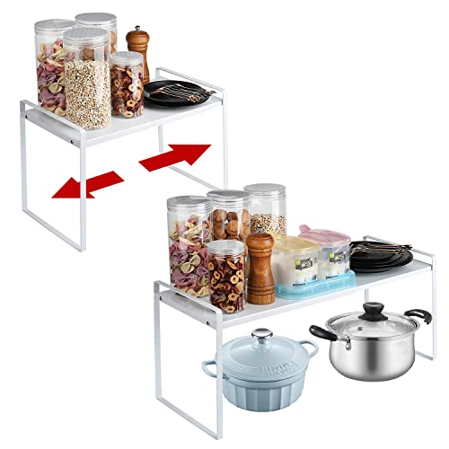 Estante de Cocina Extensible, Organizador de Armarios de Cocina, Estante de Almacenamiento de Metal para Platos, Armario y Encimera de Cocina, Blanco (60 x 21 x 22cm）