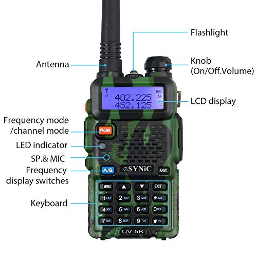 eSynic UV-5R Walkie Talkie 128 Canales VOX Banda Dual VHF/UHF con Pantalla LED de Memoria con Explosión Parpadeo de Alarma Soporta VOX para Sitio de Construcción Hotel Adventure Largo Alcance 3-5 km