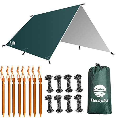 Etechydra Tienda de Campaña Tarp, 3 x 4 m Toldo de Refugio Impermeable Lona de Duradero Portatil para Hamaca Playa Tienda Hamaca Acampada Refugio Al Aire Libre (Verde Oscuro)