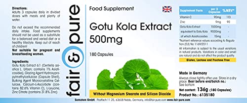 Extracto de Gotu Kola 500mg - Centella asiatica - Vegano - Altamente dosificado - Alta pureza - 180 Cápsulas