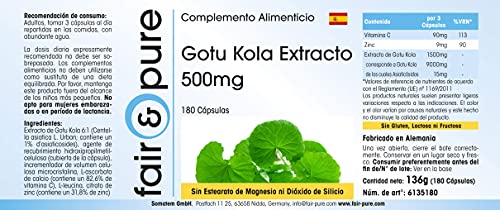 Extracto de Gotu Kola 500mg - Centella asiatica - Vegano - Altamente dosificado - Alta pureza - 180 Cápsulas