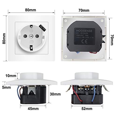 Extrastar Base de Enchufe Schuko con Puerto USB con Obturador de Seguridad, Enchufe Empotrado de Pared, Usb para Smartphone, Tableta, auriculares, etc.