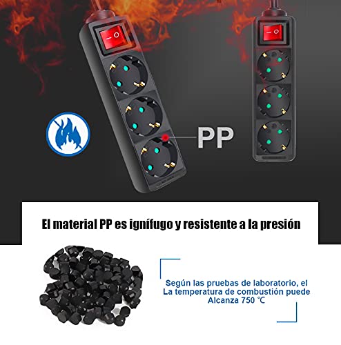 EXTRASTAR Regleta alargador de 3 metros con 3 enchufes e interruptor (Negro)