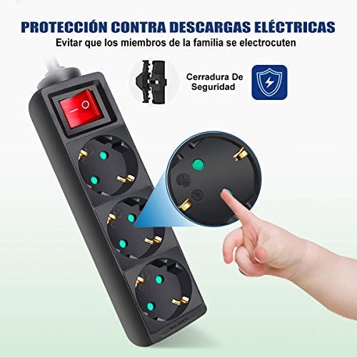 EXTRASTAR Regleta alargador de 3 metros con 3 enchufes e interruptor (Negro)