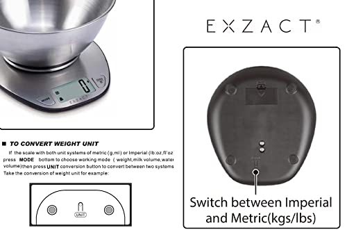 EXZACT Básculas de cocina/ Balanza Electrónica/ Escala Electrónica con Pantalla Grande y con Cuenco de Acero Inoxidable - 5kg/11lb (EX4350)