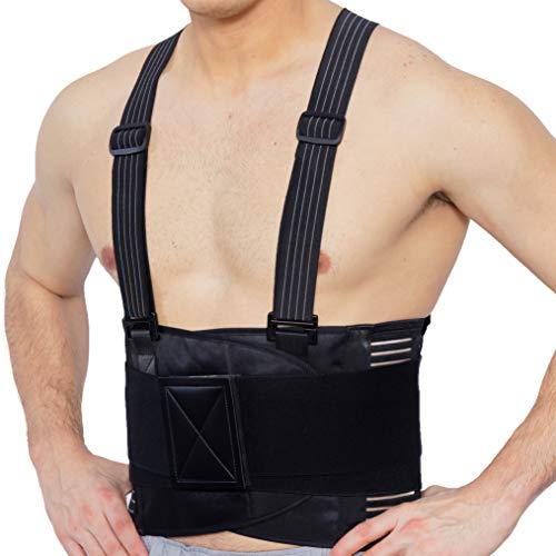 Faja para la espalda con tirantes, apoyo lumbar, cinturón de culturismo / halterofilia - Marca Neotech Care (Negro carbón, Talla L)