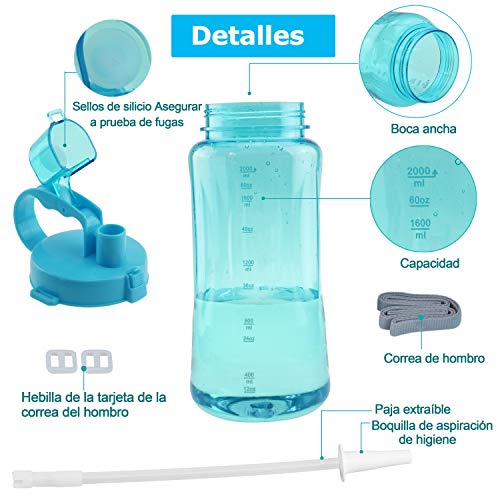 Fastdisk Botella de Agua de Gran Capacidad 2L, Boca Ancha portátil, Gran plástico watera verfugas Taza Espacial, Tazas de Viaje Gratis BPA con Escala, Paja, Correa para Deportes al Aire Libre