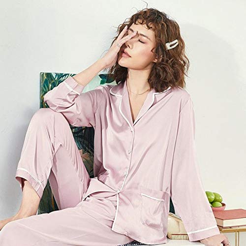 FDJIAJU Ropa De Dormir para Mujeres,Damas Primavera Otoño Manga Larga Pijama De Manga Larga Dos Piezas Set Ropa De Dormir Llano Satinado Casual Loungewear Tops Pantalones Pantalones, Rosa, XL