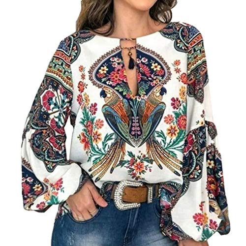 FENICAL Blusa de Mujer Camisa Estampado de Flores Manga Larga Cuello Redondo Blusa de Gasa Casual Camisa Tops Camiseta para Mujer Damas Talla XXXL (Blanco)