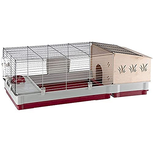 Ferplast Jaula para Conejos y Conejillos de Indias KROLIK 140 Plus, para pequeños Animales, Conejera, Casita de Madera Separable, Accesorios incluidos, 142 x 60 x h 50 cm Burdeos