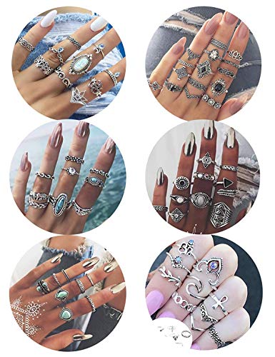 Finrezio 61 Piezas Anillos de Nudillo Vintage para Mujeres Niñas Anillo de Dedo Midi Apilable Boho