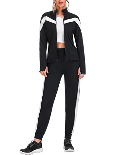 Fipput Conjunto Chandal Mujer Completo con Sudadera Cremallera Mujer y Pantalon Chandal Mujer, Conjunto Deportivo Mujer para Fitness Running Gimnasio,Negro,L