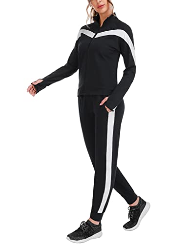 Fipput Conjunto Chandal Mujer Completo con Sudadera Cremallera Mujer y Pantalon Chandal Mujer, Conjunto Deportivo Mujer para Fitness Running Gimnasio,Negro,L