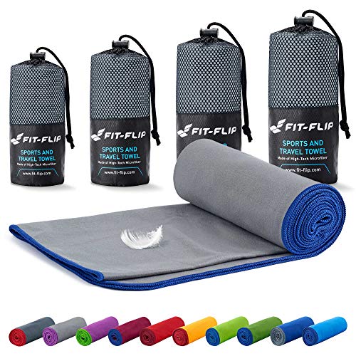 Fit-Flip Toalla Microfibra  en Todos los tamaños / 18 Colores  compacta, Ultraligera y de Secado rápido  Toalla Gym, Toalla Viaje y Toalla Piscina (40x80cm Gris - Borde Azul Oscuro)