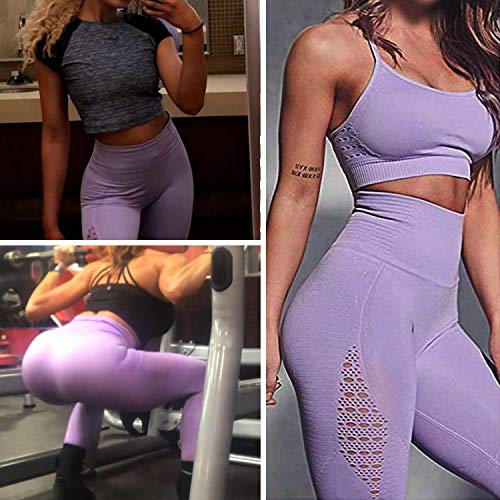 FITTOO Leggings Sin Costuras Corte de Malla Mujer Pantalon Deportivo Alta Cintura Yoga Elásticos Fitness Seamless #1 Morado Claro Medium