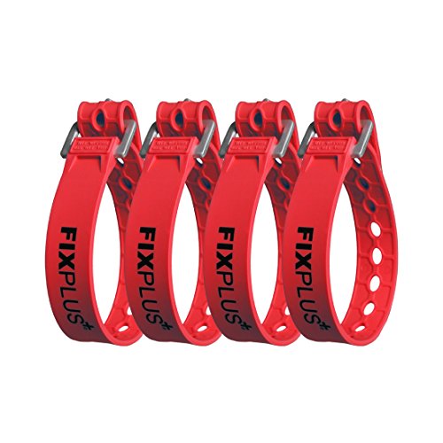 Fixplus Strap Paquete de 4 - Correa de sujeción para asegurar, Sujetar, agrupar y trincar, a Base de Material plástico Especial con Hebilla de Aluminio 35cm x 2.4cm (Rojo)