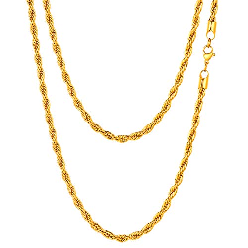 FOCALOOK 3mm Cadena Trenzada Fina para Mujer 20 Pulgadas Collares Largos Acero Inoxidable 316L Chapado en Oro 18K Joyería Básica de Regalo Madre Hija Novia