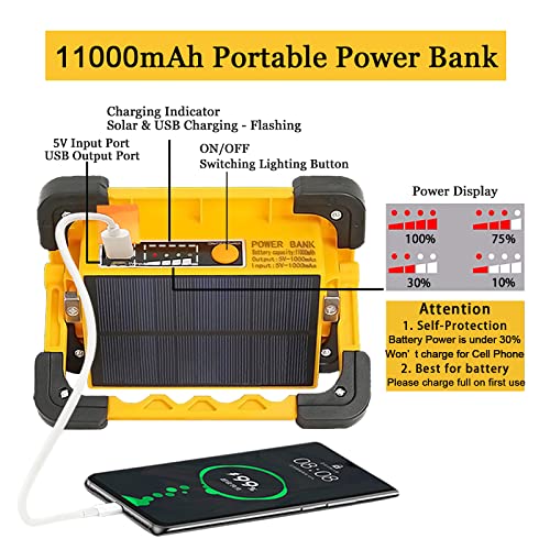 Foco de Trabajo LED Exterior 80W Portátil Solar con Panel Solar, Luz de Trabajo USB Recargable 11000mAh Emergencia PowerBank, 4 Modos Iluminación Impermeable para Cámping, Reparación de Coches, Garaje