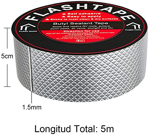 fowong Cinta de Butilo Impermeable, Cinta Aluminio, Goma de Butilo Impermeable para Reparar Techos y Fugas, Cinta Butilica para Utilizar en Tuberías, Superficie Metálica y Techos, 5cm(W) X 5M(L)