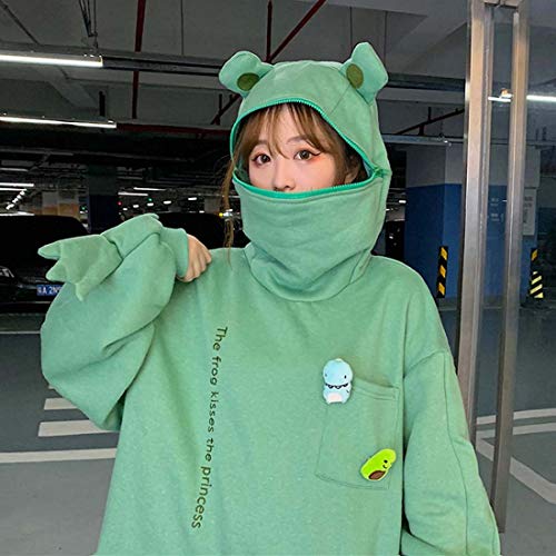 Frog Zipper Hoodie,Frog Zipper Pocket Oversized Hoodie Plain,Womens Cute Frog Hoodie Winter Warm Thick Loose Oversized Sweatshirt Green M