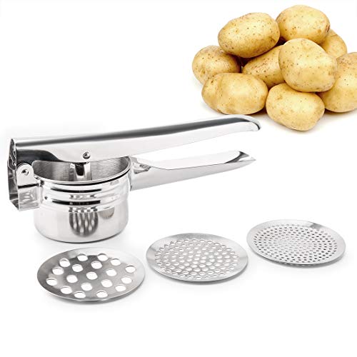 FUKTSYSM Prensador de Patatas - Triturador de Patatas Prensador de Patatas y Fruta de Acero Inoxidable para alimentos cocinados Fruta Profesional con 3 Discos Intercambiables (Fino/Medio/Grueso)