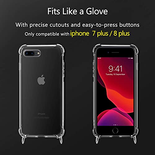 Funda con Cuerda para iPhone 7 Plus / 8 Plus, Carcasa Transparente TPU Suave Silicona Case con Correa Colgante Ajustable Collar Correa de Cuello Cadena Cordón para iPhone 7 Plus / 8 Plus - Negro