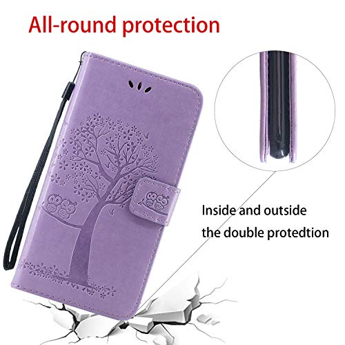 Funda Libro para Samsung Galaxy S9 Plus Carcasa de Cuero PU Premiumbúho Arbol de la Vida Flip Wallet Case Cover con Tapa Teléfono Piel Tarjetero - Morado Claro Búho