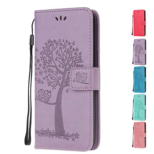 Funda Libro para Samsung Galaxy S9 Plus Carcasa de Cuero PU Premiumbúho Arbol de la Vida Flip Wallet Case Cover con Tapa Teléfono Piel Tarjetero - Morado Claro Búho