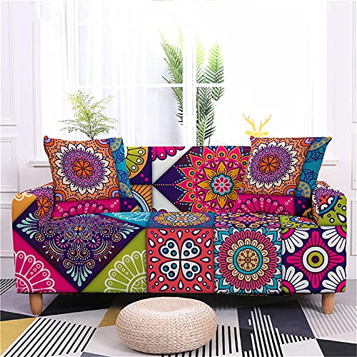 Funda Sofá Elástica Universal Ajustable 3D Mandala Estampada Exótica Cubre Sofa con 1 Cojín, Antisuciedad Antideslizante Protector de Muebles (2 plazas,A)