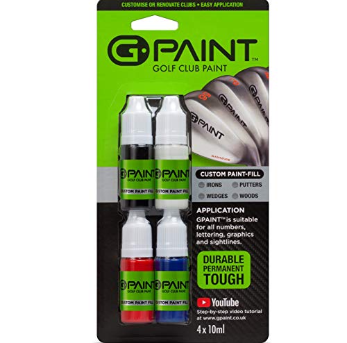 G-Paint Pintura para club de golf – Retocar, rellenar, personalizar o renovar tus palos – 4 unidades de botellas de 10 ml – Negro, blanco, rojo y azul