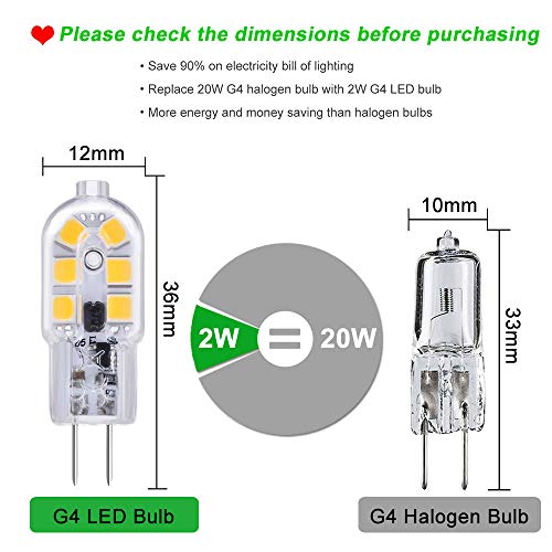 G4 LED 12V 2W para Piscina/Camper, 12 SMD, Luz Calida 3000K, 200LM, Equivalente Halógena bi pin G4 10W-20W, Bombillas G4 12V LED para Campana Estractora Cocina, no regulable, pack de 10