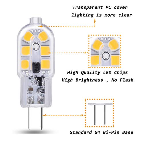 G4 LED 12V 2W para Piscina/Camper, 12 SMD, Luz Calida 3000K, 200LM, Equivalente Halógena bi pin G4 10W-20W, Bombillas G4 12V LED para Campana Estractora Cocina, no regulable, pack de 10