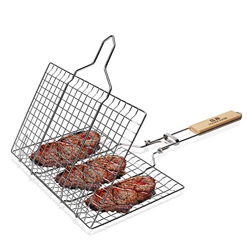 G.a HOMEFAVOR Barbacoa Parrilla Portátil Plegable Acero Inoxidable Cesto Pescado Parrilla con Mango de Madera para Pescado, Verduras, Camarón, Carne, 55 x 33.5cm