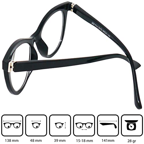 Gafas de Lectura de Ojos de Gato con Grandes Lentes, Funda GRATIS, Vintage Montura Gruesa de Plástico (Negra) con Bisagra de Resorte, Para Leer Mujer +2.5 dioptrías