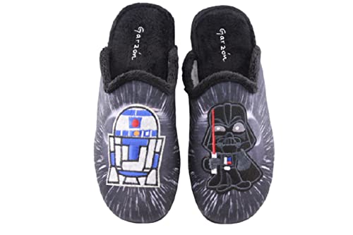 Garzon - Zapatillas Casa para Hombre Color: Negro Talla: 45 - Star Wars, dibujos r2d2 y Darth Vader. Suela Goma.