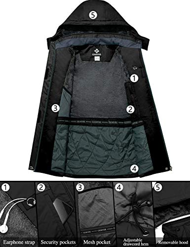 GEMYSE Chaqueta de Esquí Impermeable de Montaña para Mujer Abrigo de Invierno de Lana Antiviento con Capucha (Negro,XXL)