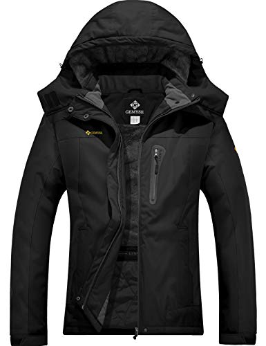 GEMYSE Chaqueta de Esquí Impermeable de Montaña para Mujer Abrigo de Invierno de Lana Antiviento con Capucha (Negro,XXL)