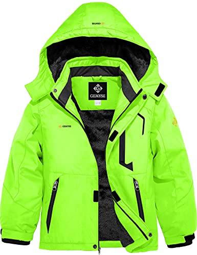 GEMYSE Chaqueta de Esquí Impermeable de Montaña para Niños Abrigo de Invierno de Lana Antiviento con Capucha (Verde Fluorescente 01,14/16)