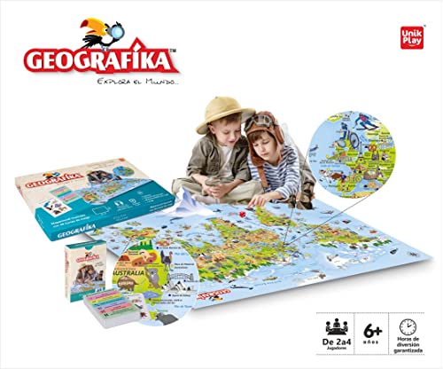 Geografika. Juego de Mesa Familiar con Mapamundi ilustrado. Diviértete aprendiendo Datos del Mundo, como países, Animales y Lugares Famosos. Versión en Español