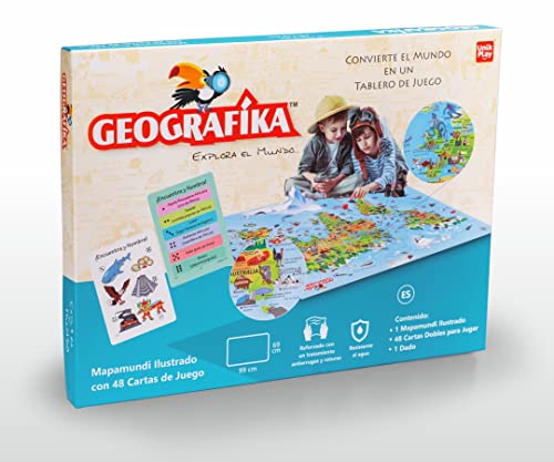 Geografika. Juego de Mesa Familiar con Mapamundi ilustrado. Diviértete aprendiendo Datos del Mundo, como países, Animales y Lugares Famosos. Versión en Español