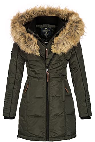 Geographical Norway BEAUTIFUL LADY - Parka cálida mujer - Abrigo grueso con capucha de piel falsa - Chaqueta de invierno - Chaqueta larga con forro cálido - Regalo para mujer Moda casual (Caqui S)