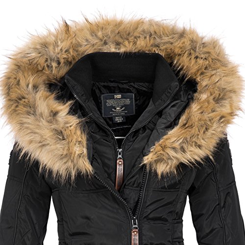 Geographical Norway BEAUTIFUL LADY - Parka cálida mujer - Abrigo grueso con capucha de piel falsa - Chaqueta de invierno - Chaqueta larga con forro cálido - Regalo para mujer Moda casual (Negro S)