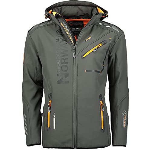 Geographical Norway ROYAUTE MEN - Chaqueta Softshell Impermeable Hombre - Capucha Transpirable Exterior - Chaqueta Cortavientos Invierno - Actividades Aire Libre (Gris oscuro / Naranja - M)