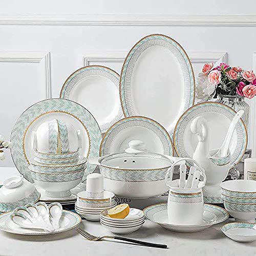 Geschirrting European-Stil-Bone China Geschirrschüsseln und Geschirr Essstäbchen und Geschirr Set Home Hotel Keramik Geschirr-Set (Farbe: Blanco, Tamaño: 60pc) Yuechuang