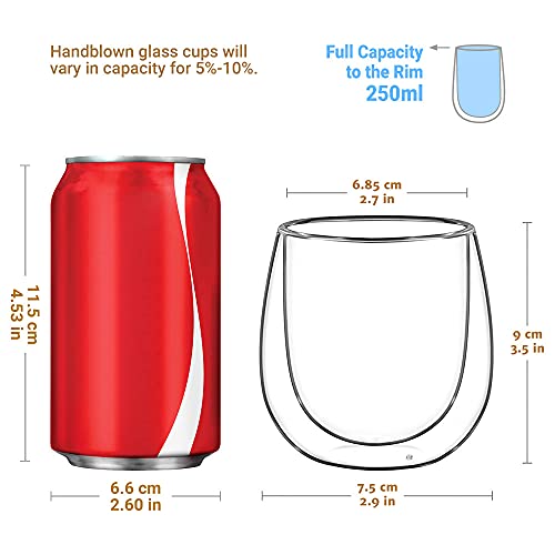 Glastal 250ml*2 Tazas de Café de Cristal, Vasos de Doble Pared Transparente, Tazas de Vidrio Borosilicato para Café Leche Té Latte Macchiato y Más