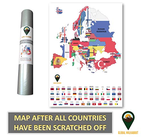 Global Walkabout Mapa de Europa con banderas de fondo – Póster de mapa europeo tamaño viaje de lujo – Países y hechos – Regalo de viaje (blanco)