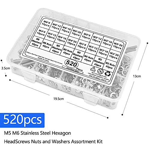 GLORHA 520 Pcs Juego de Tornillos y Tuercas M3/ M4/ M5/ M6 Tornillos Hexagonales con Caja de Almacenamiento y Llave Allena